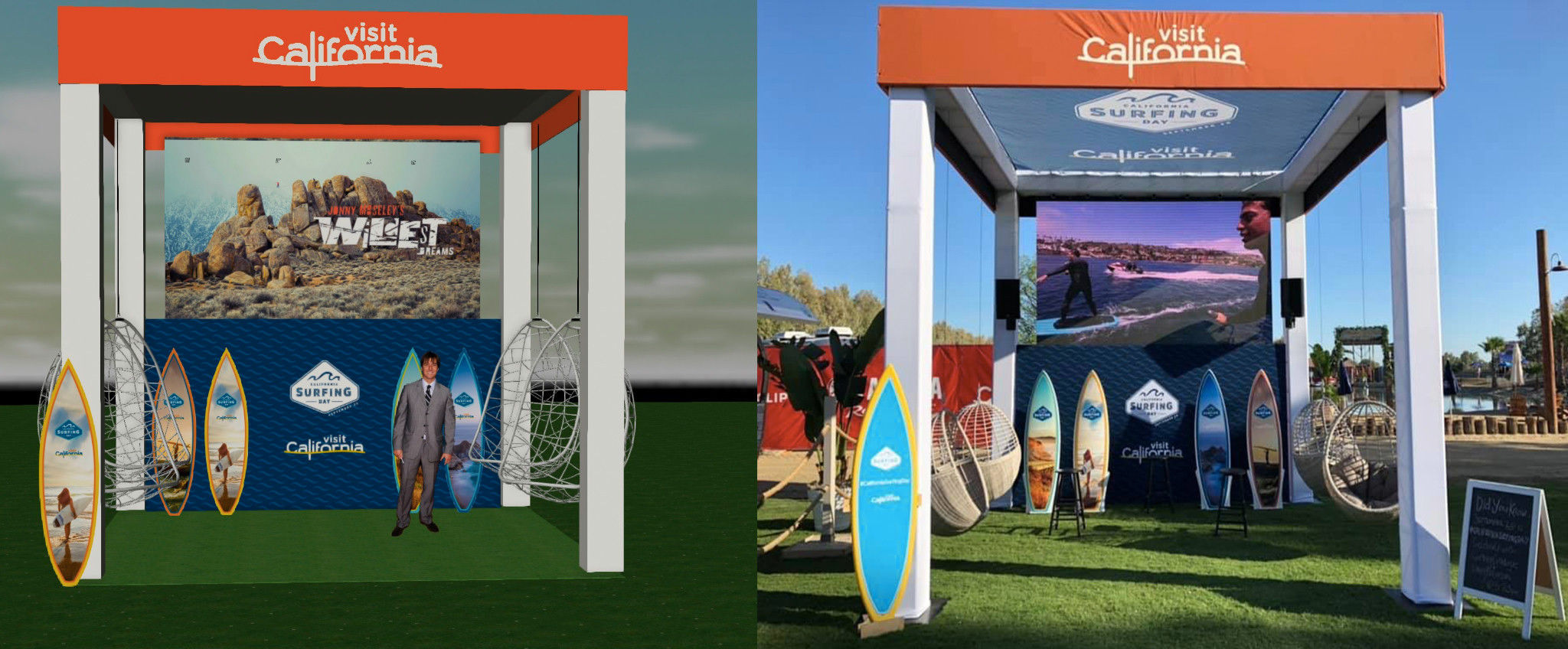 Visit California activation: a CAD concept on the left and the finished outdoor activation on the right, each showing the branded structure, large screen, surfboards, and seating